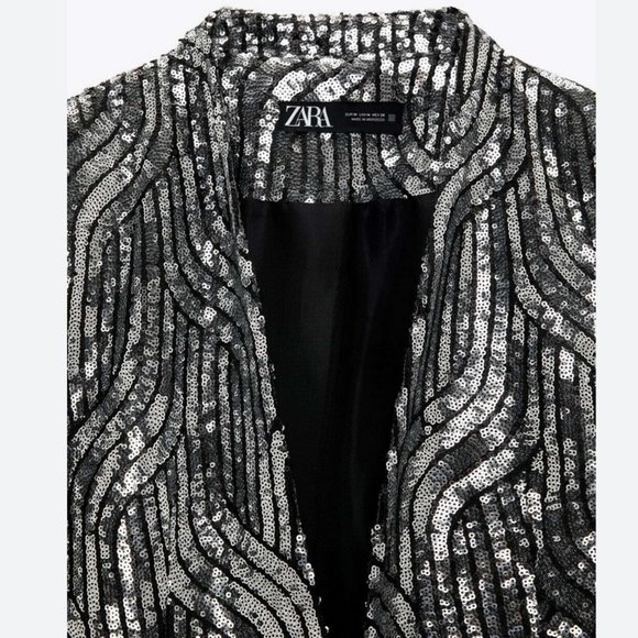 NWT ZARA SILVER LAPELLESS SEQUIN BLAZER JACKET COAT SIZE L M 9355/657 Evening - Picture 9 of 9